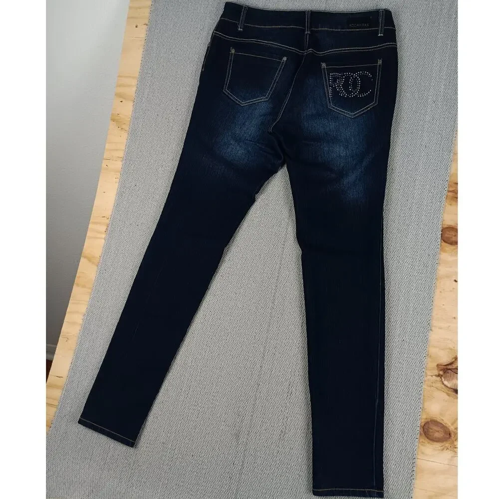 Rocawear Classic Skinny Jean Women 14 33X33‎  Dark Wash Rhinestone Back Stretch